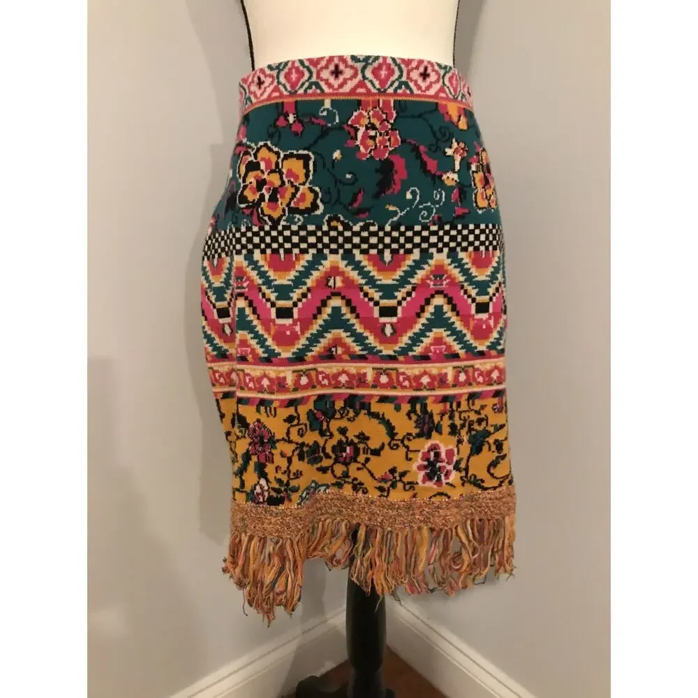 Anthro Fringed Sweater Mini Skirt XL Boho Abstract Print Tassel Hem Knit - Picture 2 of 10